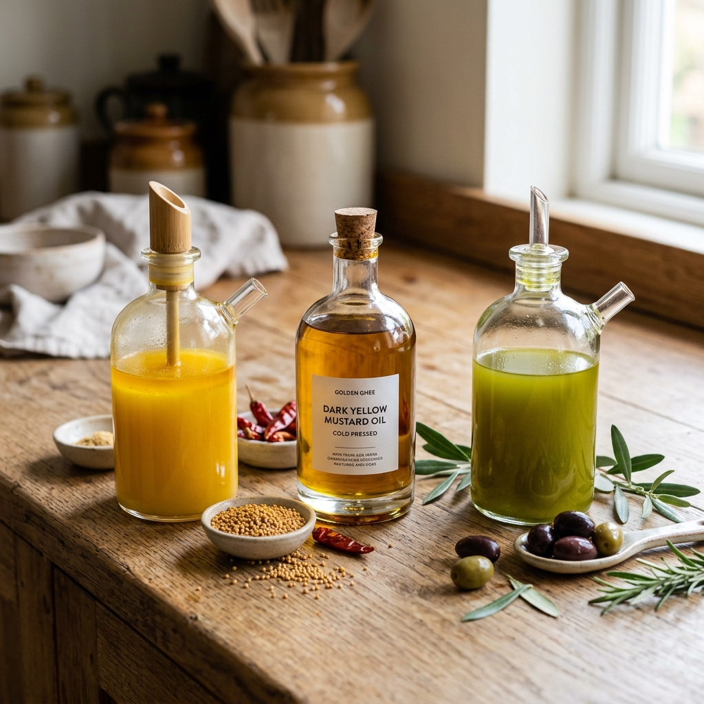 Comparison of Ghee, Mustard Oil, and Olive Oil
